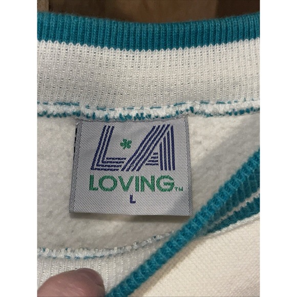 Vintage 90s LA LOVING Textured Knit Crewneck Sweatshirt Men's L‎ White Teal USA - Picture 3 of 15